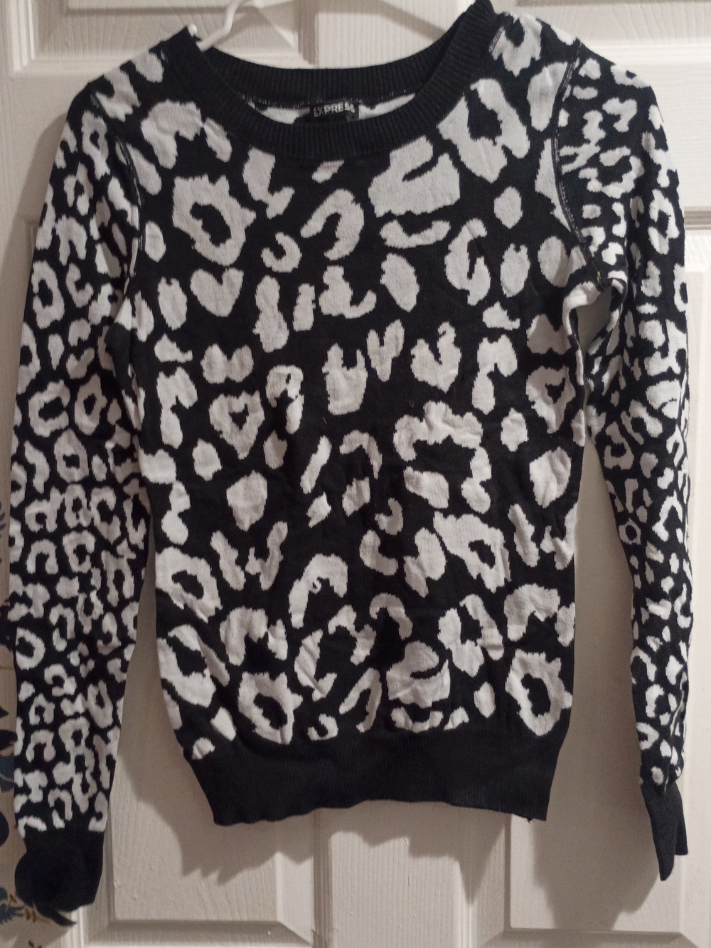 Express Black & White Leopard-Print Crewneck Sweater